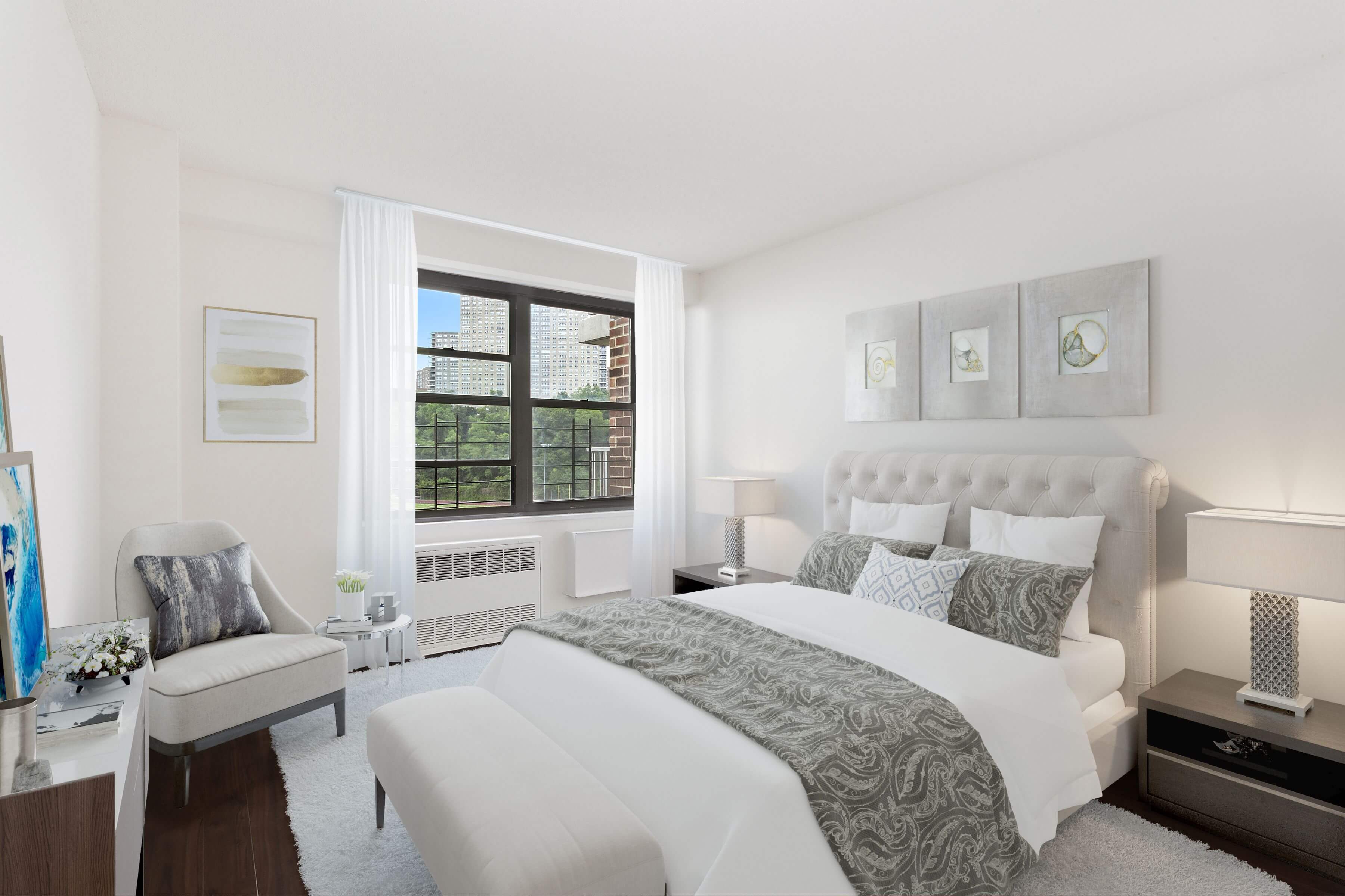 The Promenade Offers master suite that can accommodate king-size bedroom furniture, as seen here.