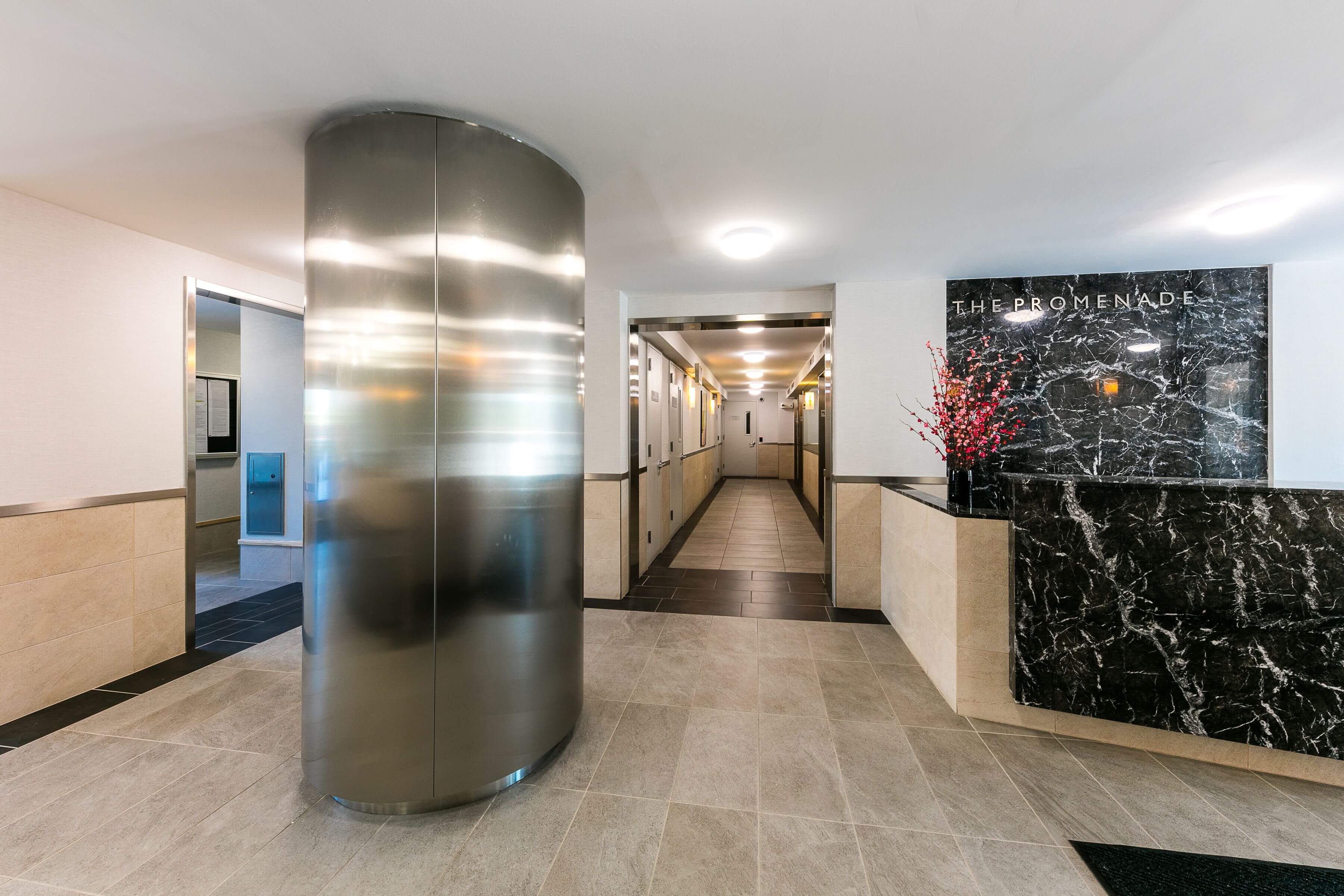 The Lobby at The Promenade, 150 West 225th street, has modern Finishes, including Marble & stainless steel. 